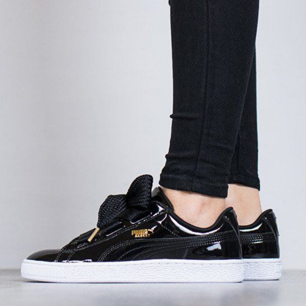 PUMA Basket Heart Women's Patent Black Sneakers w/ Wide Satin Laces - SIze 6
